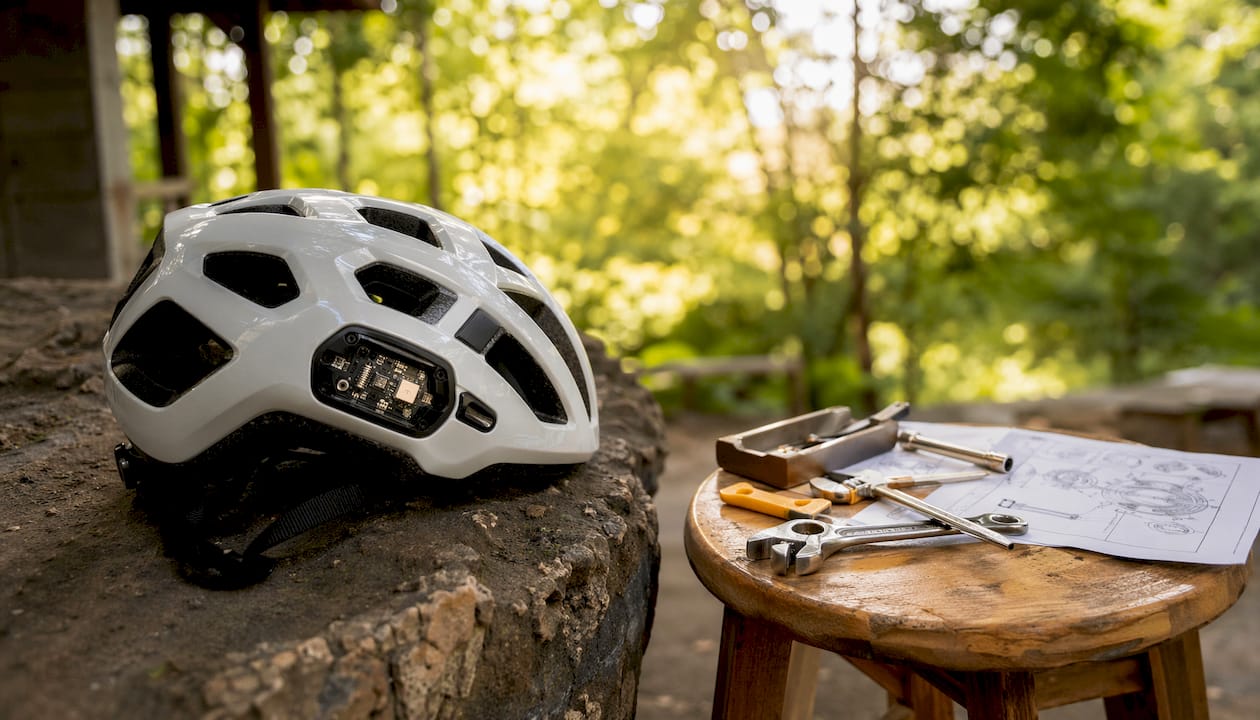 Close-up of cycling helmet with crash sensor module