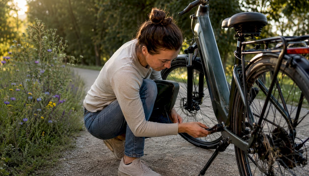 Un cycliste inspecte le numéro de série inscrit sur le cadre de son vélo.
