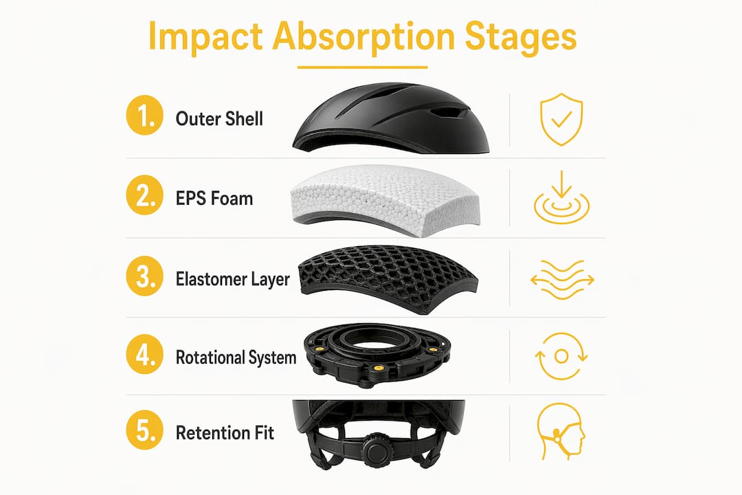 Infographic showing stages of helmet impact absorption