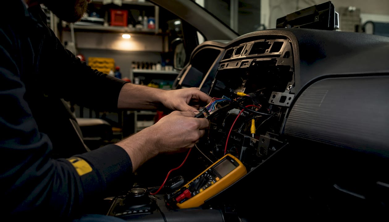 Technician wiring emergency vehicle electronics