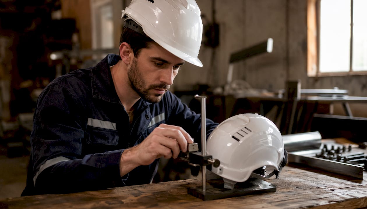Un ingénieur ajuste minutieusement un casque avant de procéder à un test de résistance aux chocs.