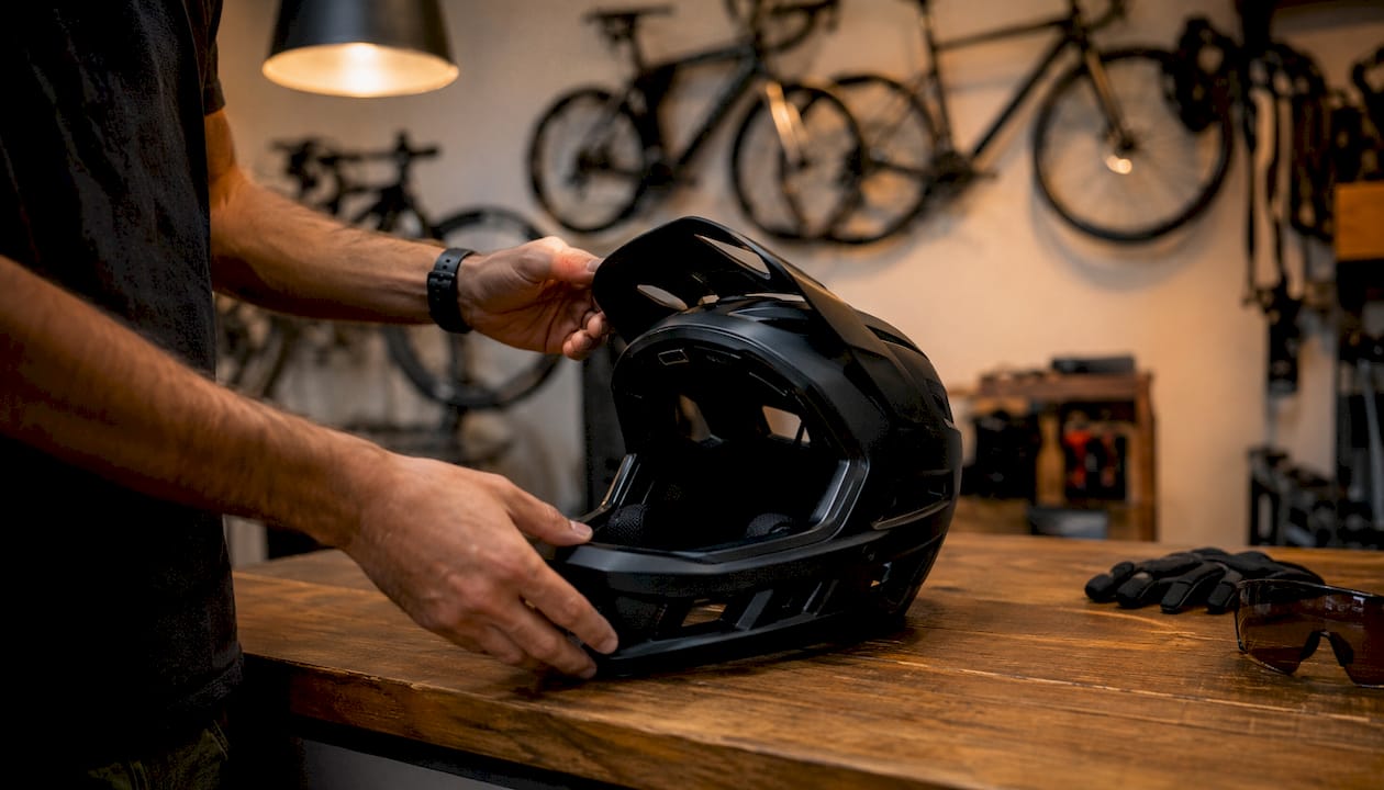 Détail sur un casque de vélo intégral noir