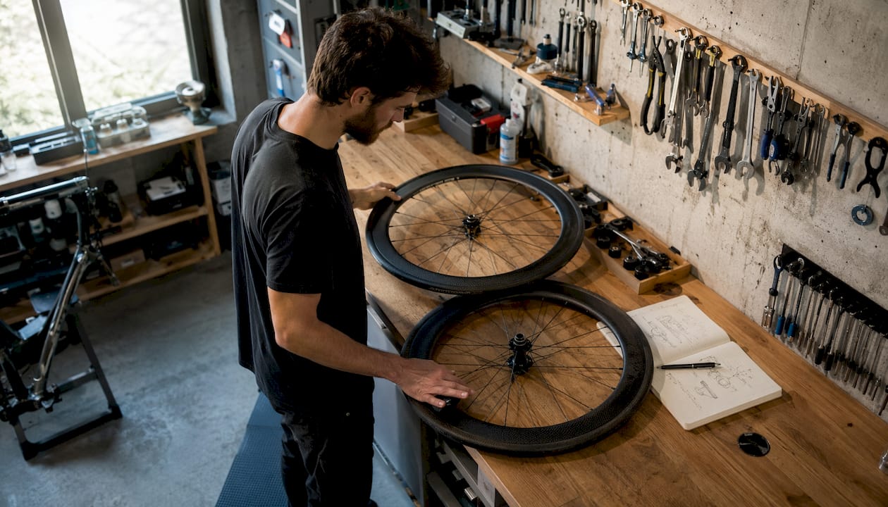 Dans son atelier, un mécanicien examine et compare différentes roues de vélo en carbone pour choisir la meilleure option.