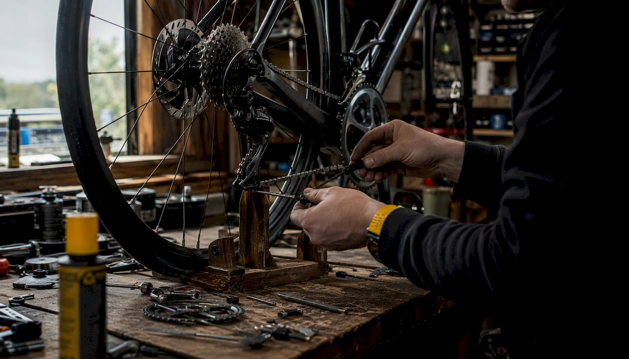 Hands tuning bike drivetrain components in workshop