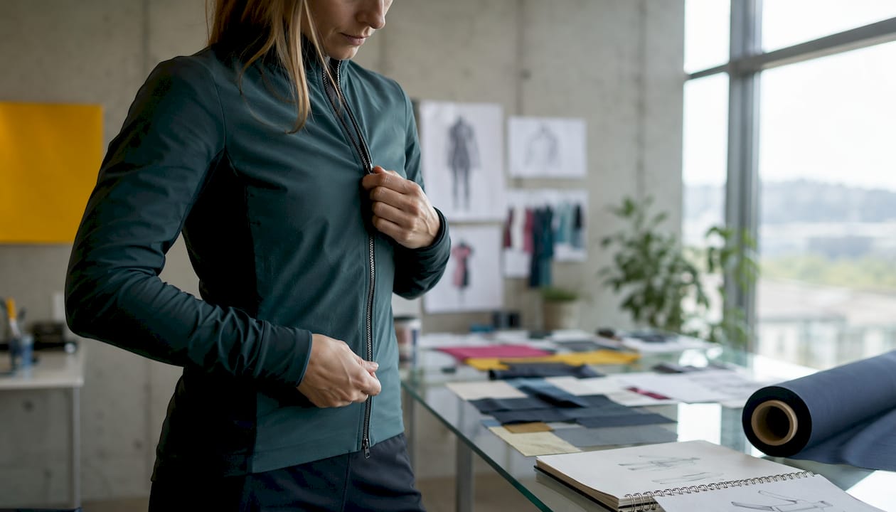 Des mains ajustent soigneusement une veste de cyclisme conçue dans un tissu dernière génération.