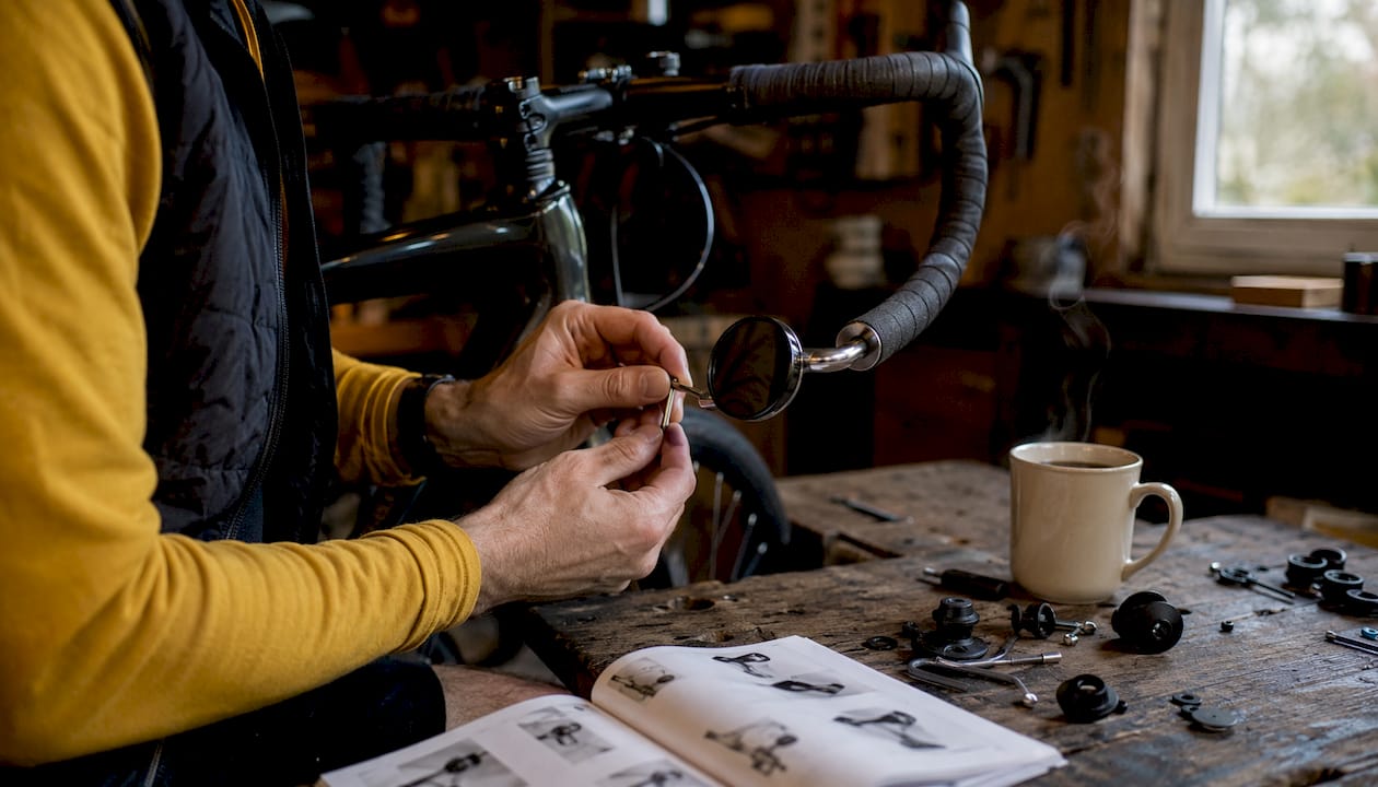Cyclist hands installing bar-end plug mirror