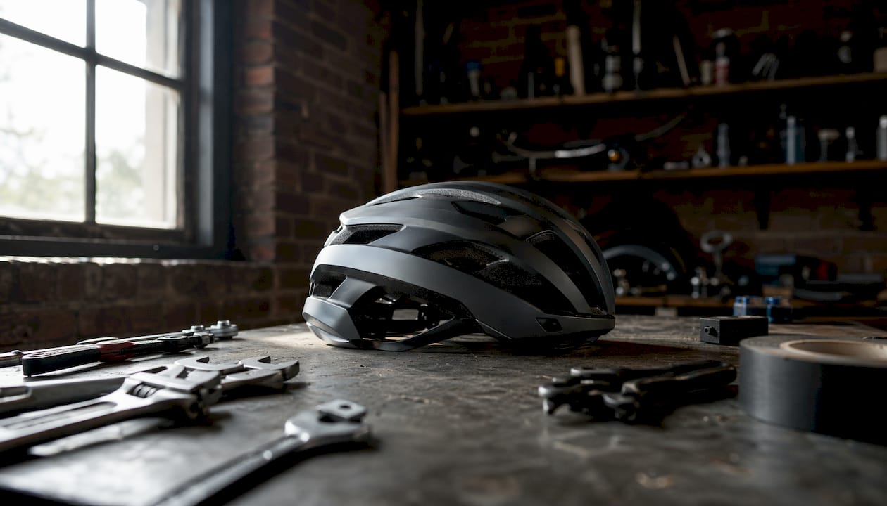 Le casque de vélo VIRGO posé sur l’établi de l’atelier
