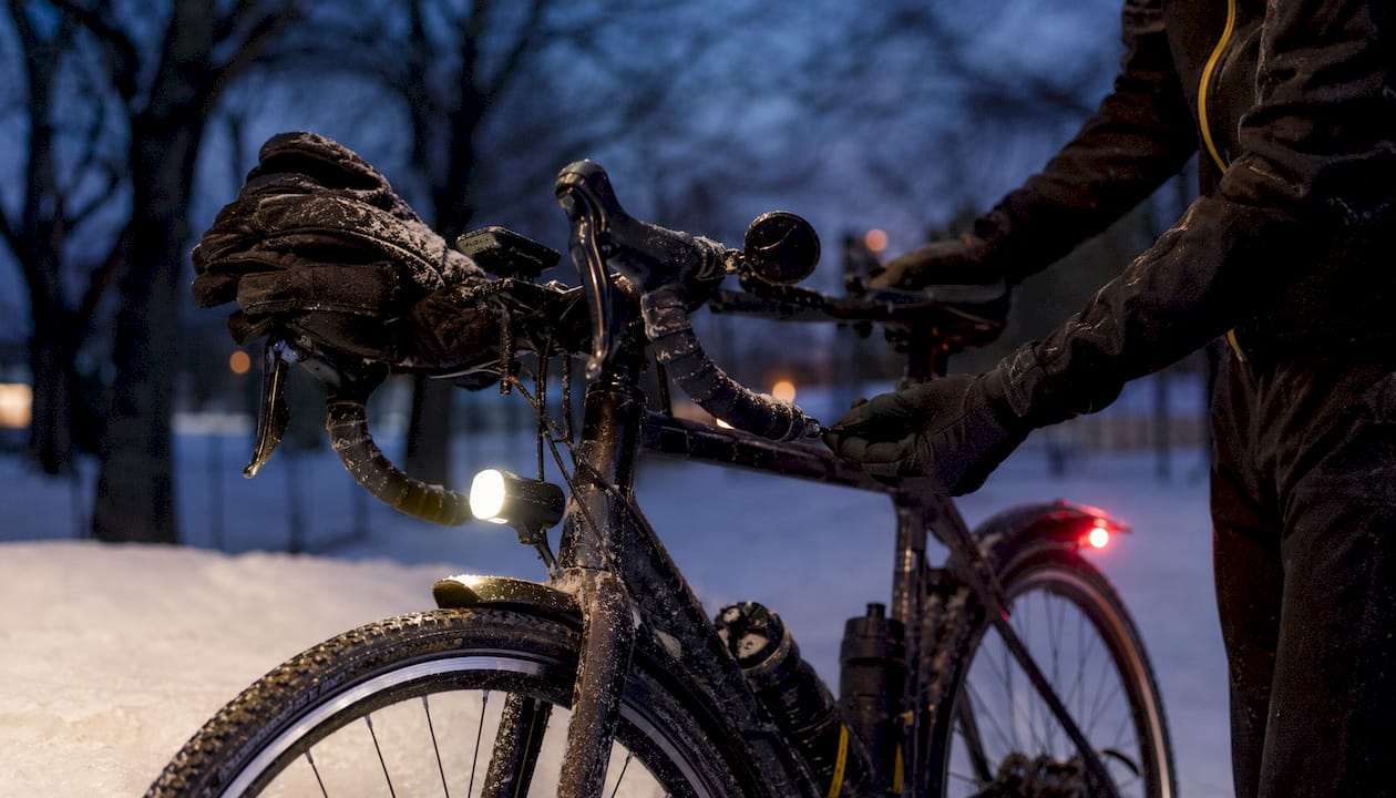 Close-up of winter-adapted road bike features