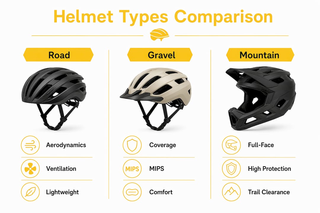 Infographic comparing road, gravel, and mountain bike helmets