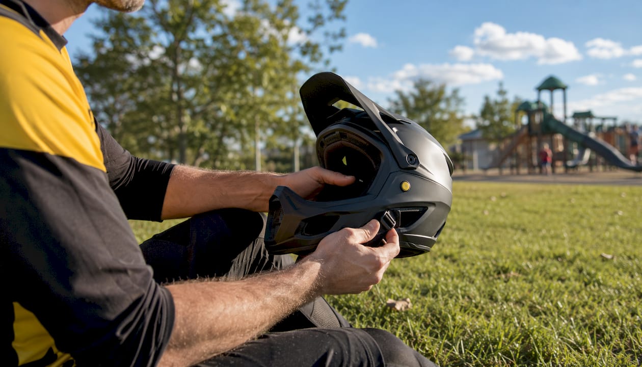 Close-up of hands adjusting e-bike helmet strap