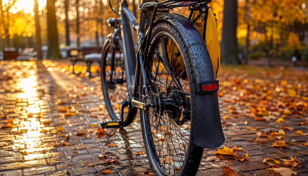 Close-up of bike mudguards protecting against rain splash