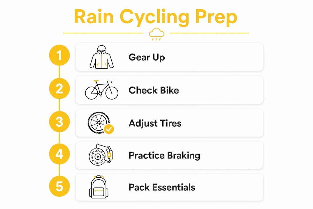 Infographic showing five key steps to prepare for cycling in rain