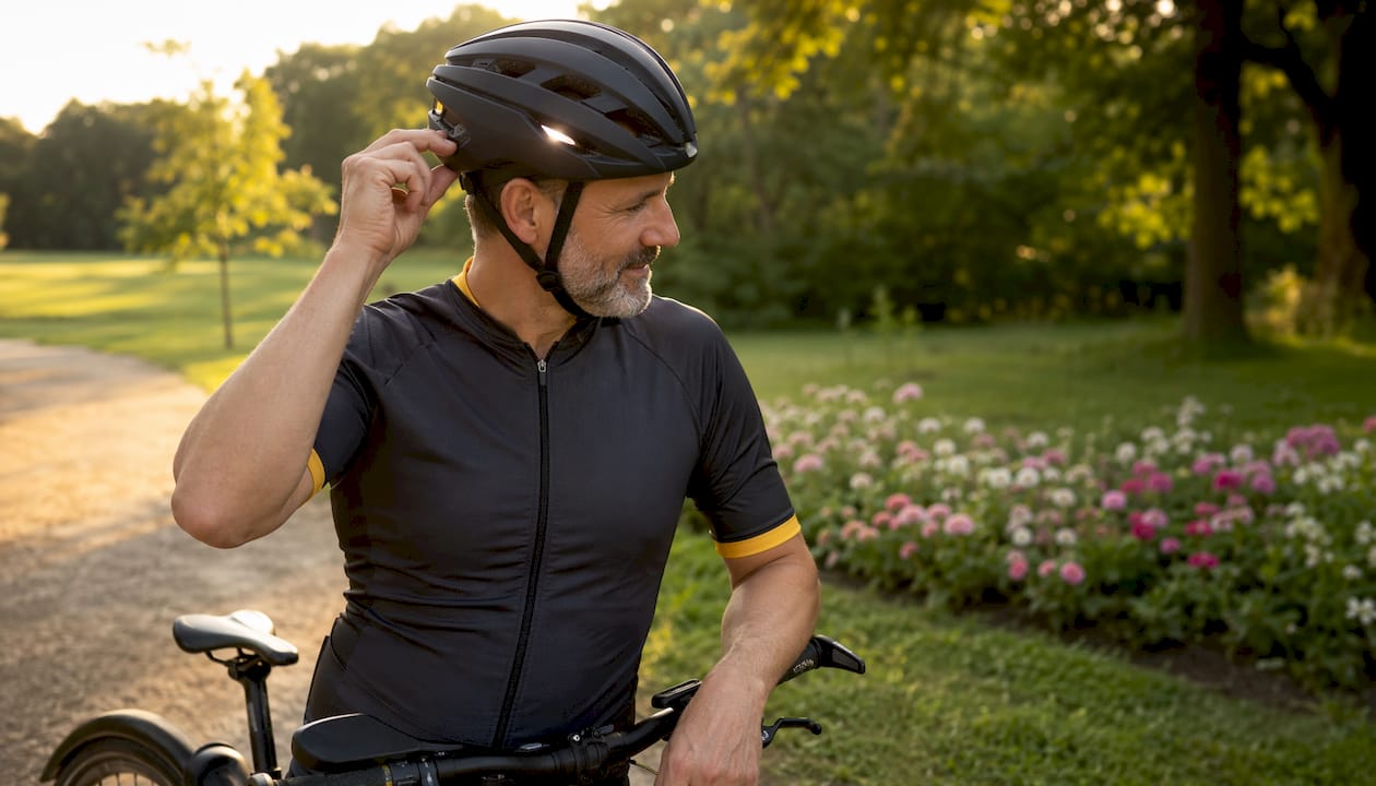 Cyclist adjusting adaptive lighting on helmet outdoors