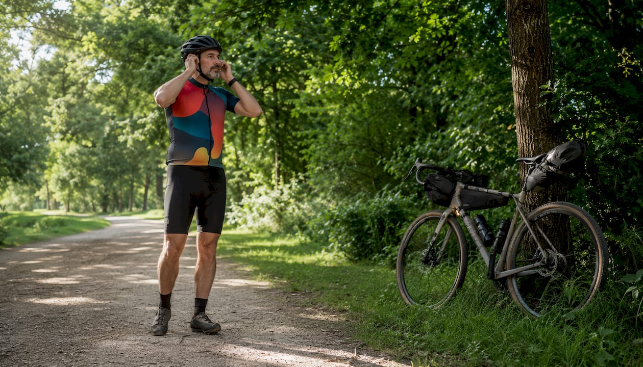 Un cycliste en pleine préparation ajuste son casque avant de partir sur son gravel.