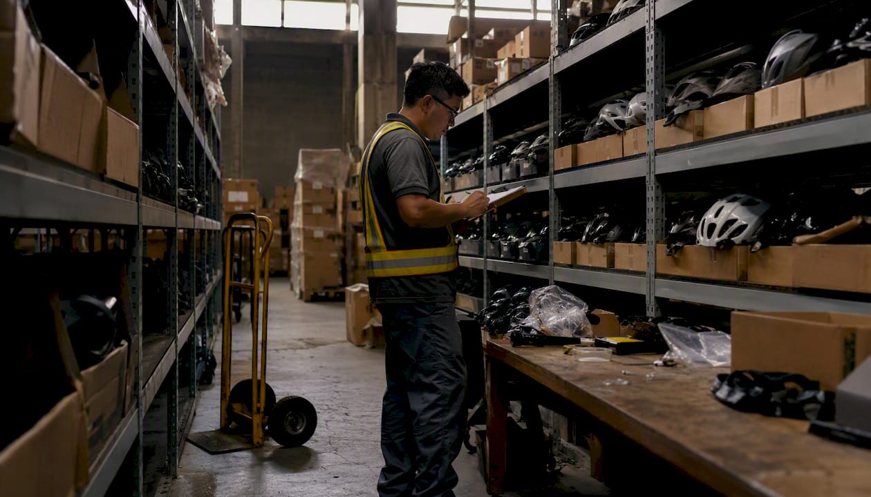 Police surplus helmets in warehouse with worker