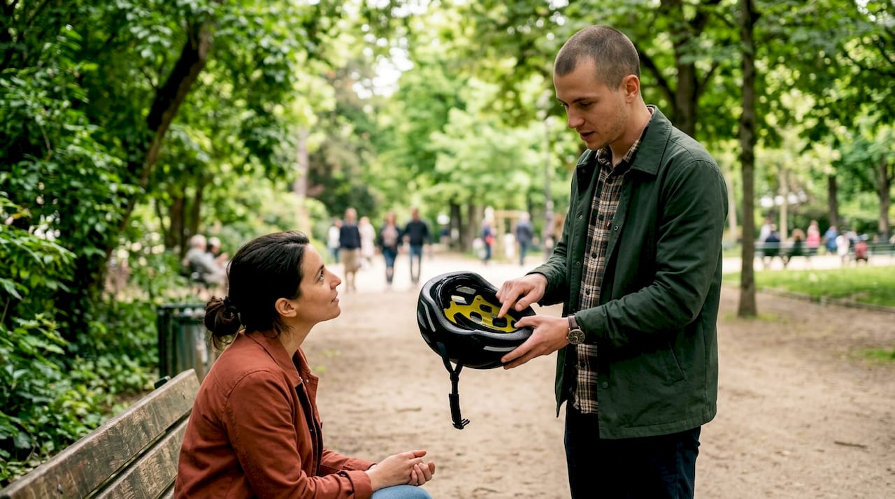 Un conseiller fait découvrir les dernières innovations en matière de casques de vélo connectés.
