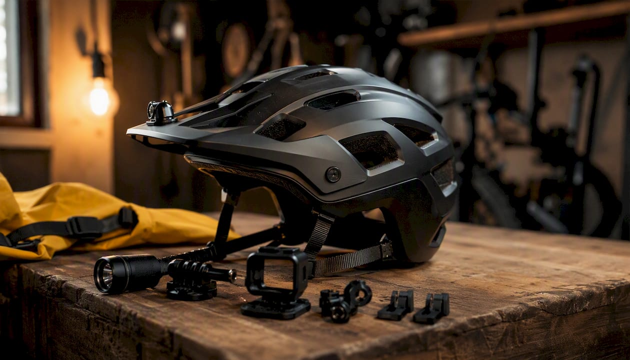 Flat lay of bike helmet and accessory mounts