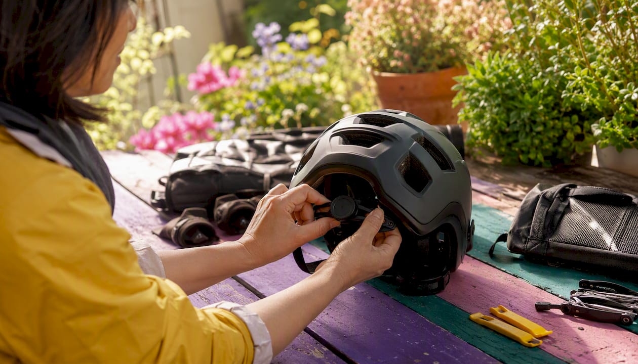 Hands adjusting helmet retention dial close-up