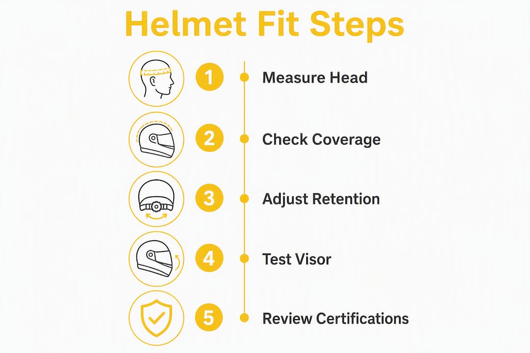 Infographic illustrating helmet fit checklist steps