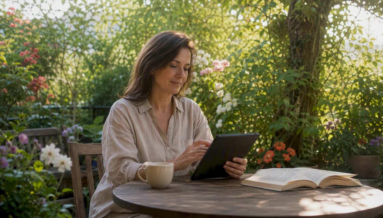 Une femme parcourt les offres sur sa tablette, sélectionnant celles qui l’intéressent.