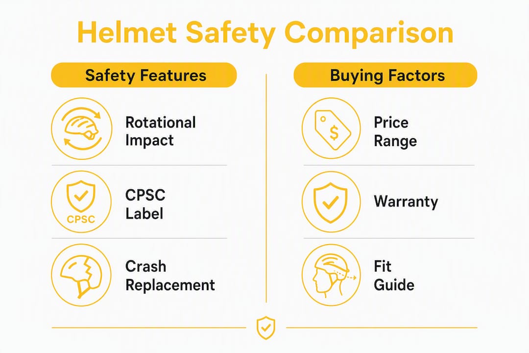 Infographic comparing helmet safety features and buying factors