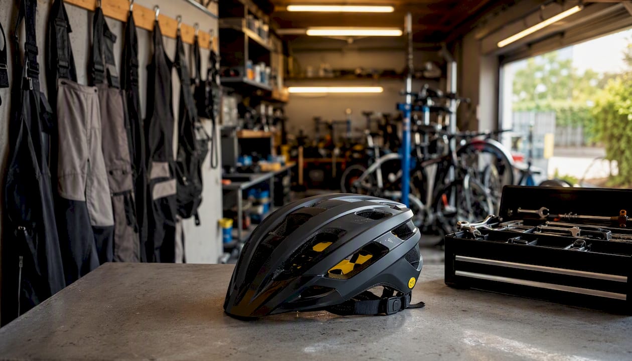 Un casque de vélo équipé du système MIPS posé sur un établi, entouré d’outils.