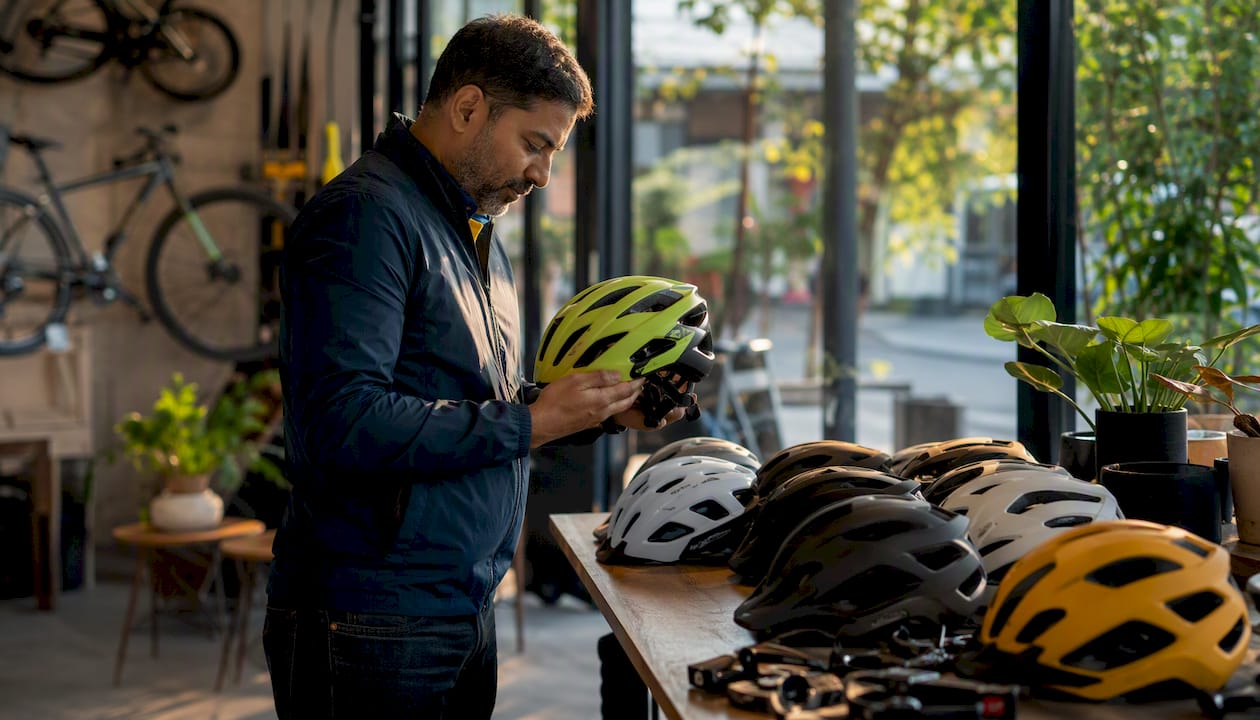 Customer examining bicycle helmet in store