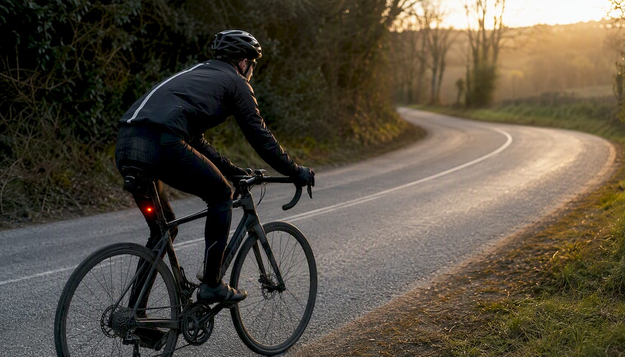 Road cyclist riding mid-lane with rear light