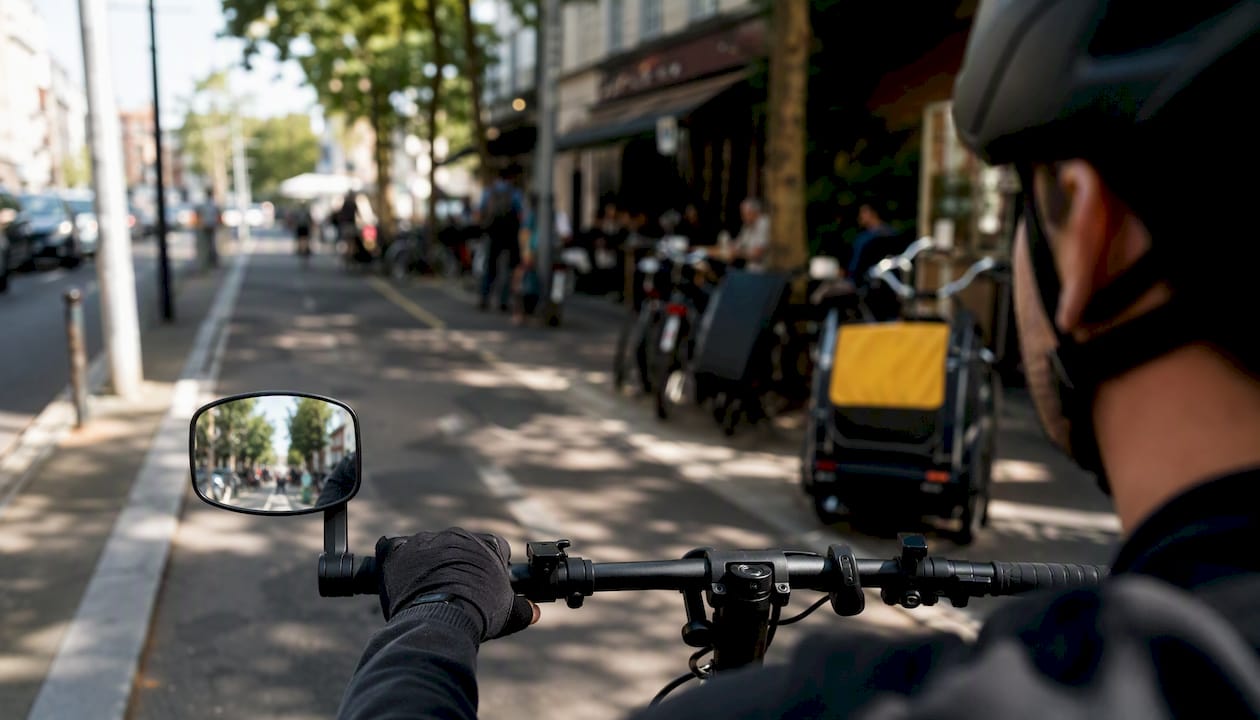 Handlebar rear-view mirror on urban cyclist bike