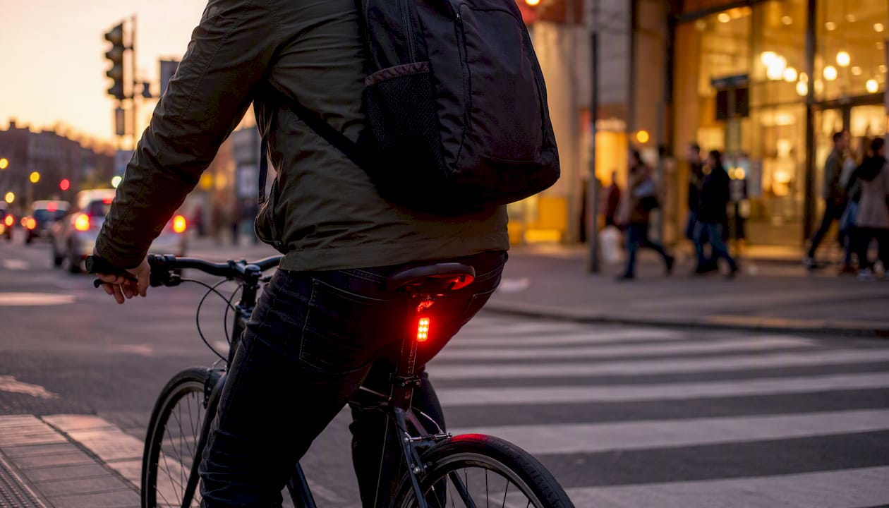 Cyclist braking with bright smart rear light flash