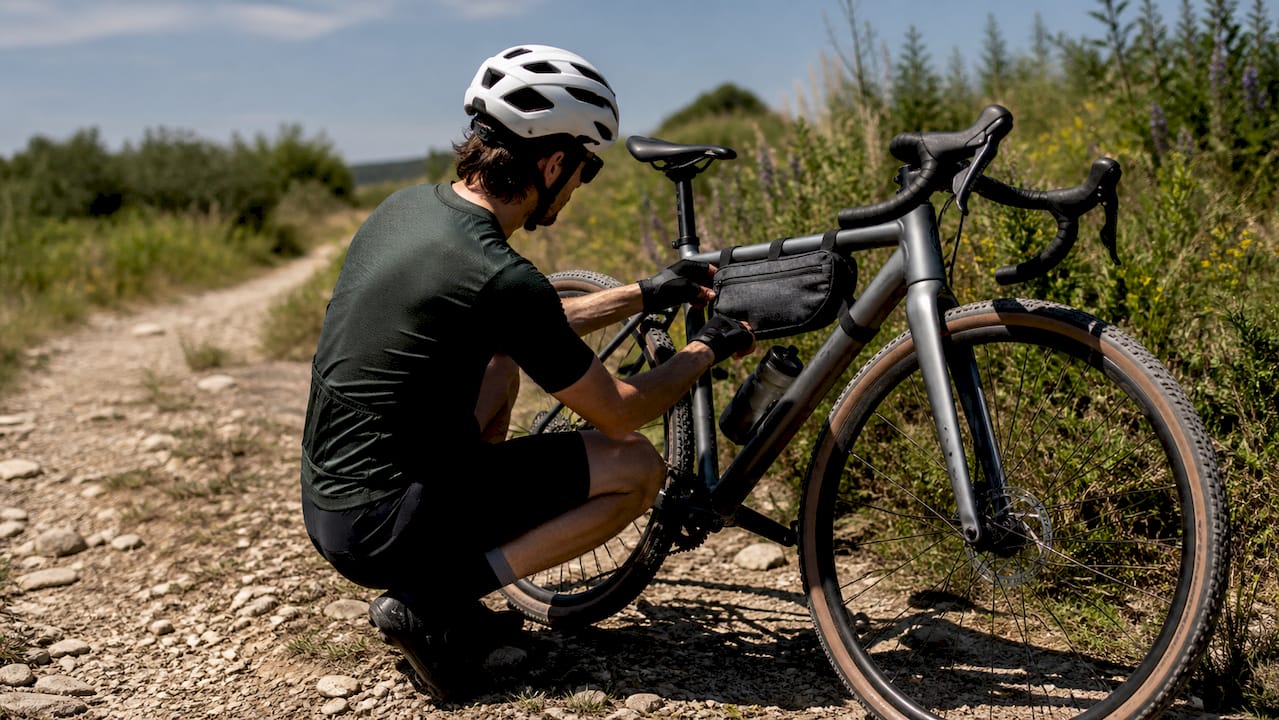 Cyclist fastening frame bag on gravel bike