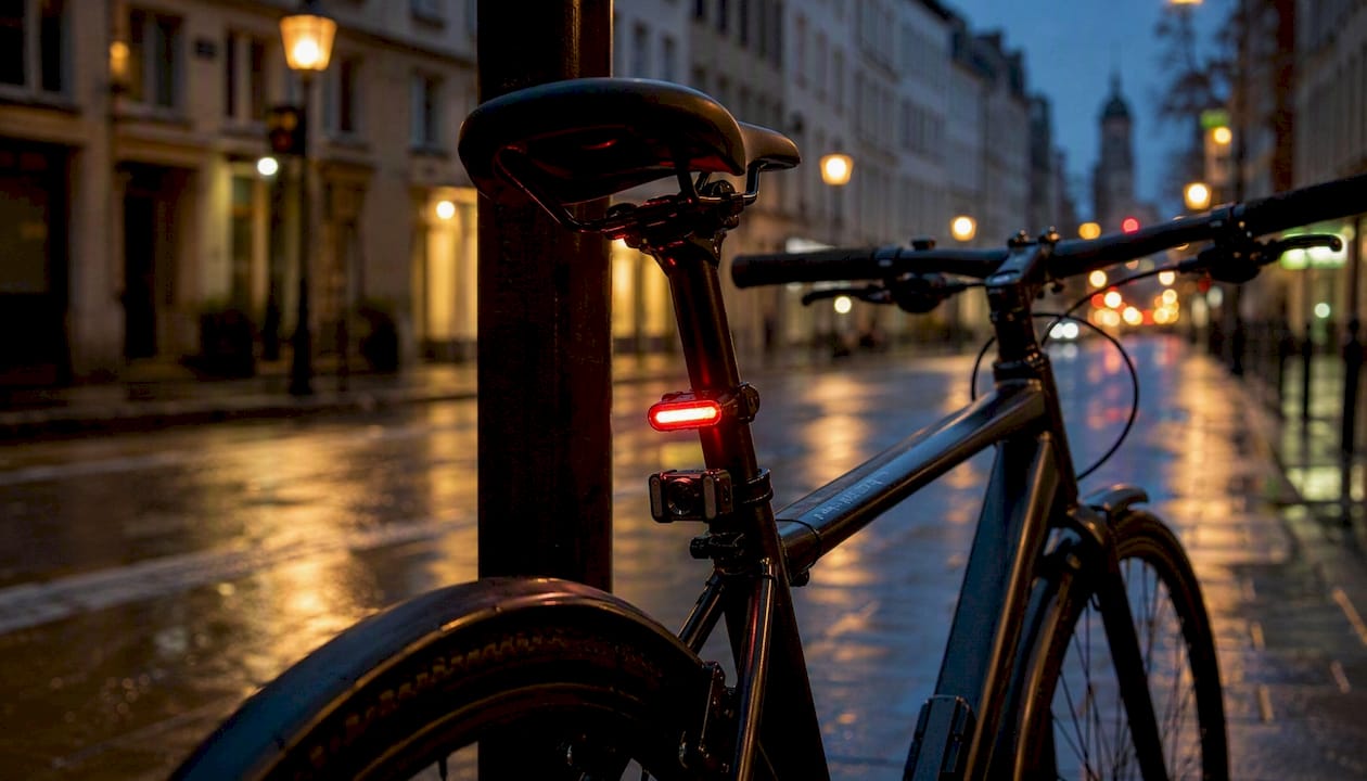 Un vélo équipé d’un feu arrière intelligent et d’une caméra embarquée, au crépuscule.
