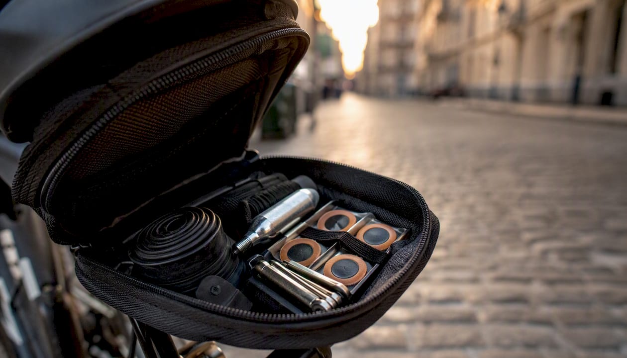 Kit de réparation vélo soigneusement rangé dans une sacoche ouverte