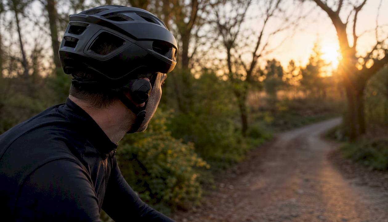 Cyclist with helmet hearing audio alert outdoors