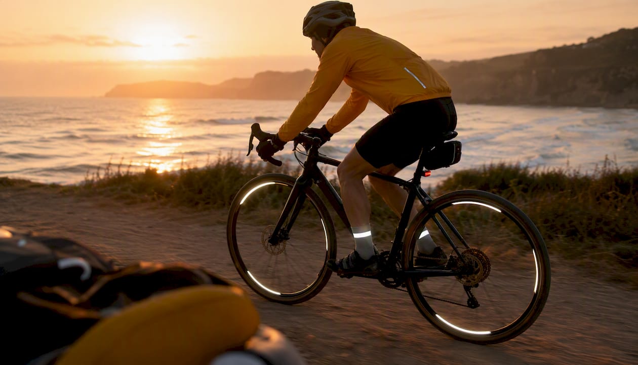 Cyclist's reflective ankles and spinning wheel