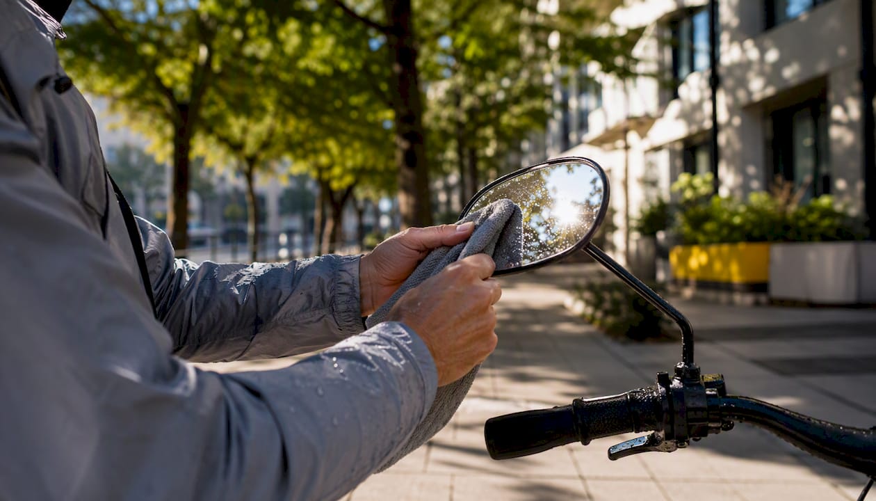 Hands cleaning bike reflector with cloth