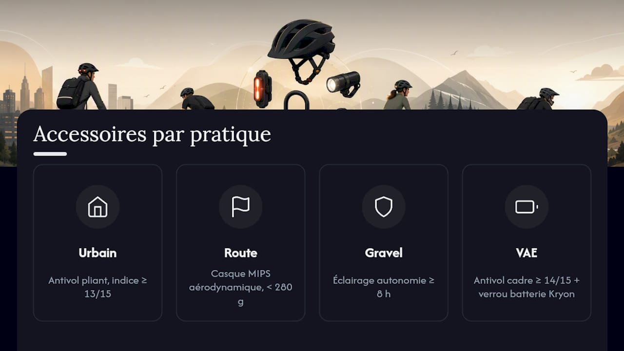 Quels accessoires pour chaque pratique : urbain, route, gravel, e-bike ? — overview diagram