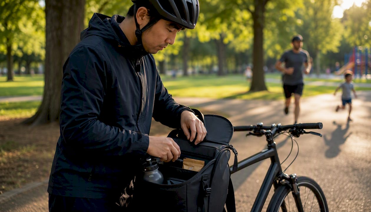 Cyclist organizing commuter bag compartments