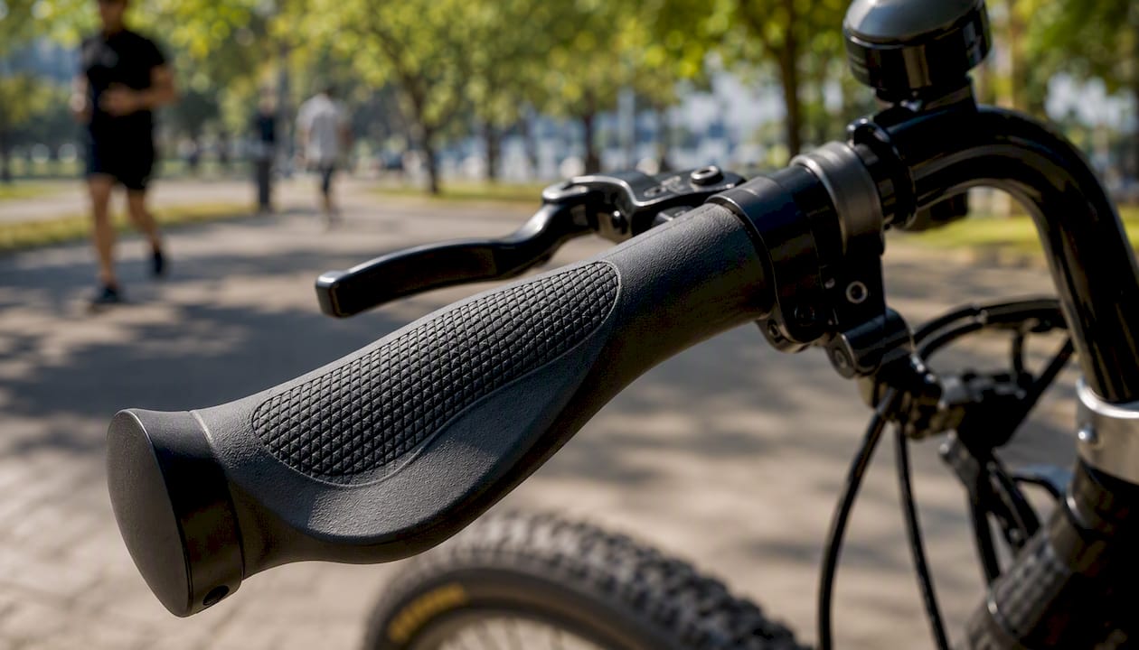 Ergonomic vibration-damping bicycle grips close-up
