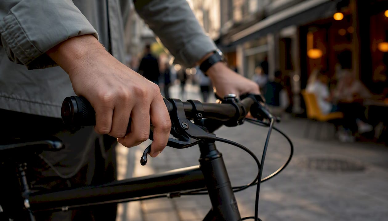 Cyclist testing bicycle brake lever on city bike lane