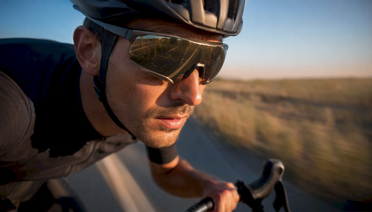 Cycliste sur route équipé de lunettes aérées, en plein effort sur un parcours intense.