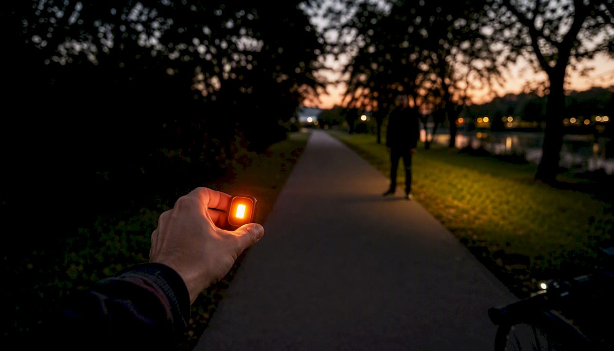 Testing orange bicycle turn indicator light beam