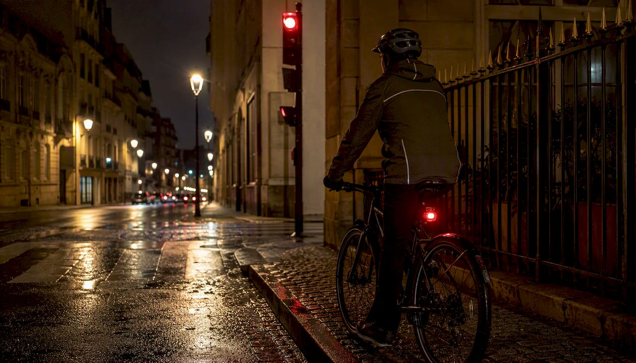 Cyclist with steady red rear light at night