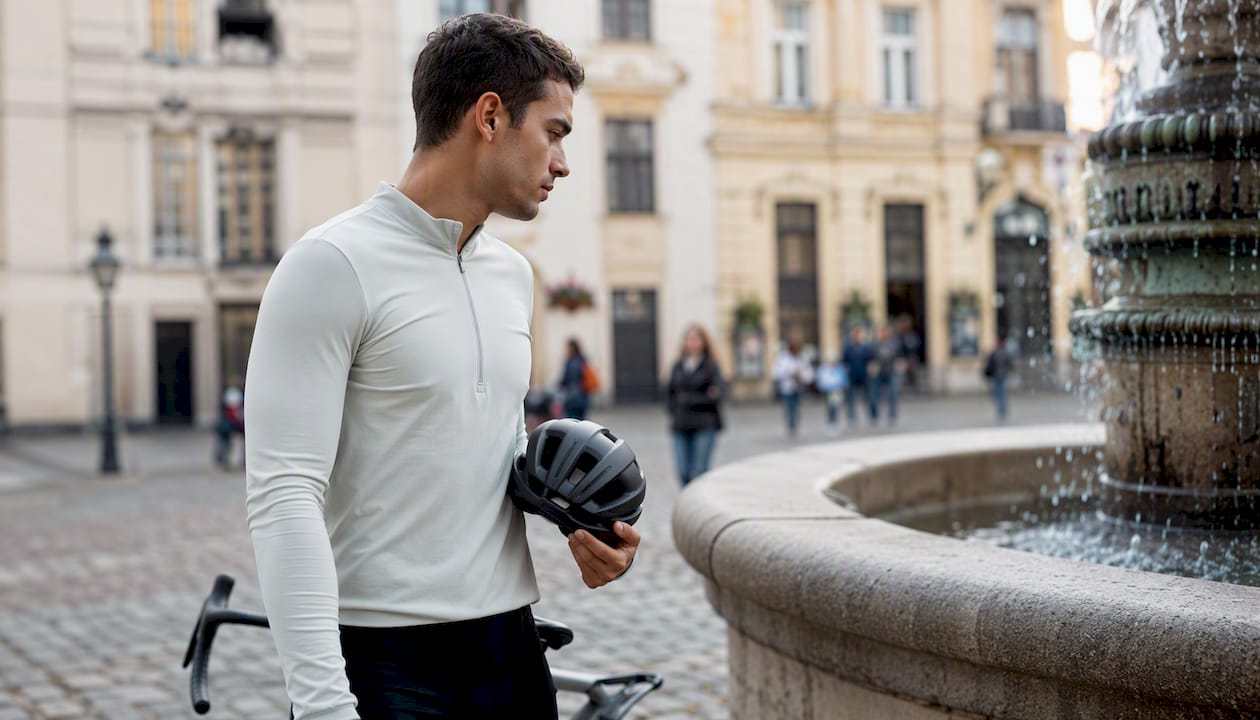 Cyclist considering helmet options outdoors