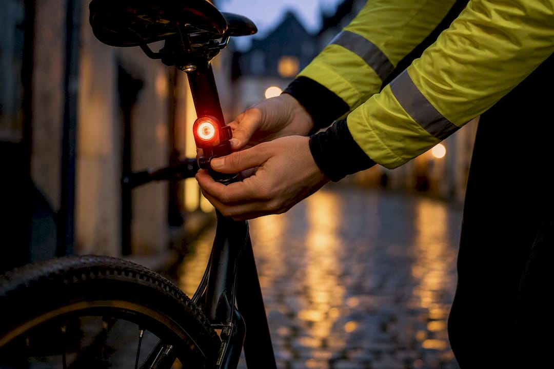 Un cycliste en train de fixer un feu arrière clignotant sur son vélo.