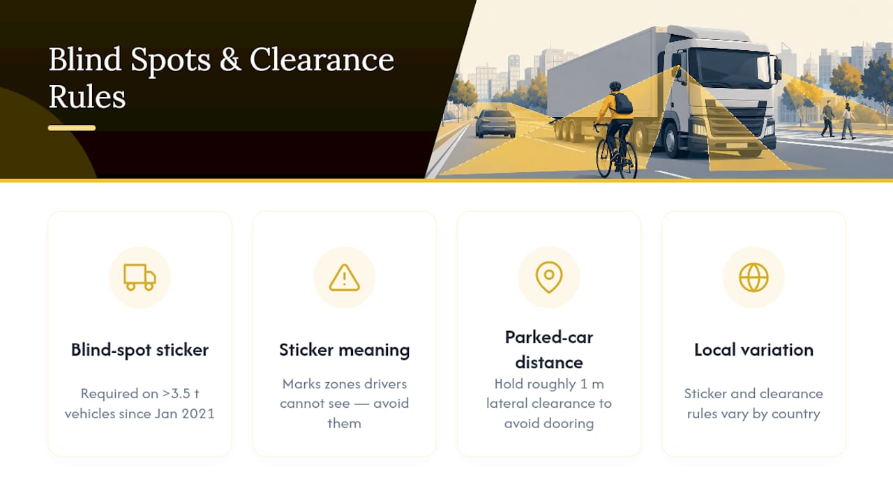 Diagram of truck blind-spot zones and cyclist safety distances
