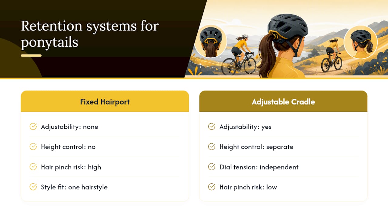 Diagram comparing helmet cradle designs for ponytail fit