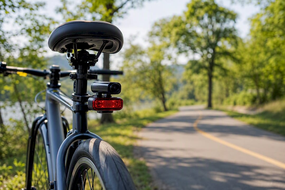 Rear-facing bike dashcam mounted outdoors