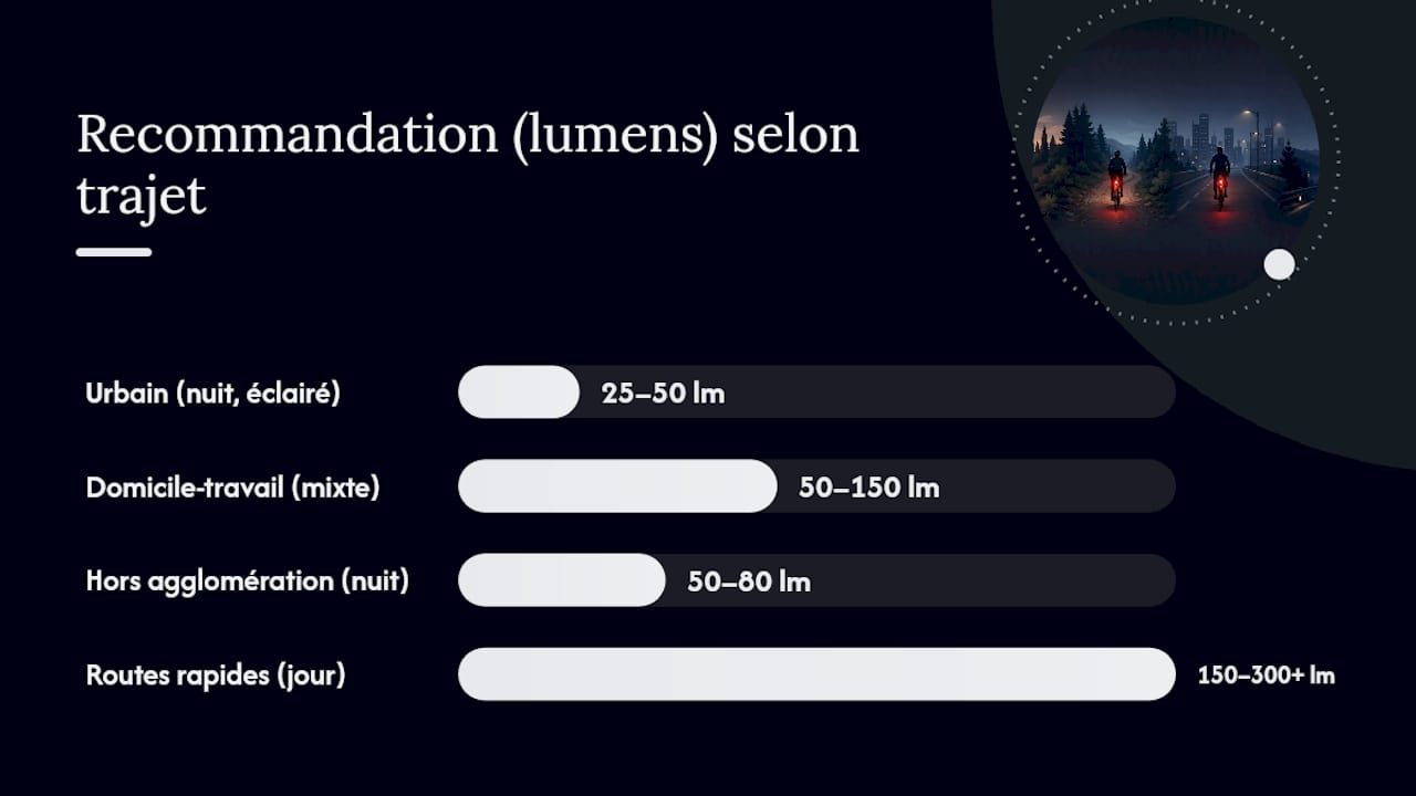 Infographie comparant les lumens nécessaires selon la puissance du feu et la vitesse