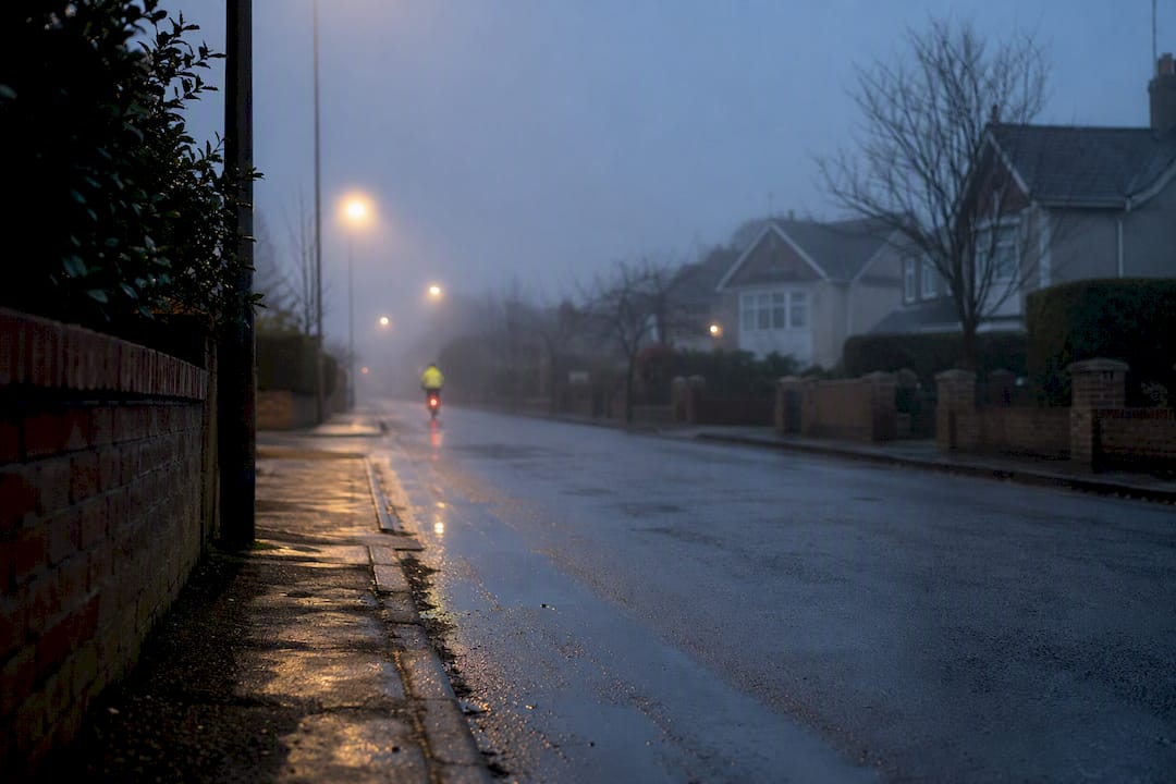 Foggy wet street showing cyclist silhouette and reflections